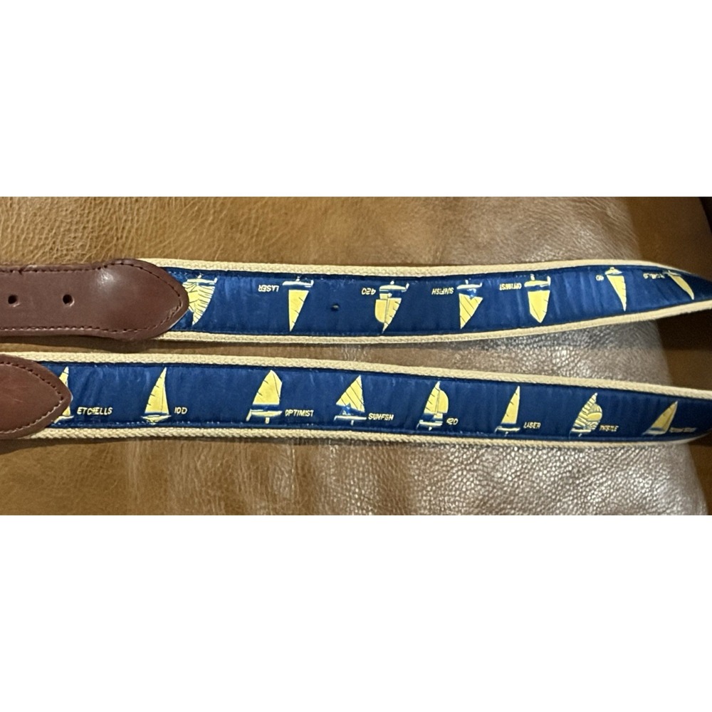 Belted Cow Co Nautical Sailboat Ribbon Club Belt Mens 44 Leather Preppy Yacht - Picture 7 of 7